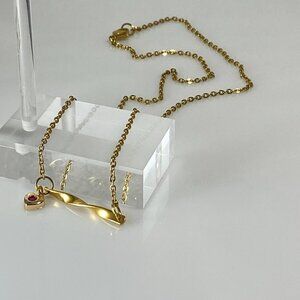 Gold Plated Stainless Steel Twisted Bar and Heart Necklace
